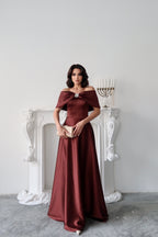Off-Shoulder Bow Structured Satin Maxi Dress - Deep Brown