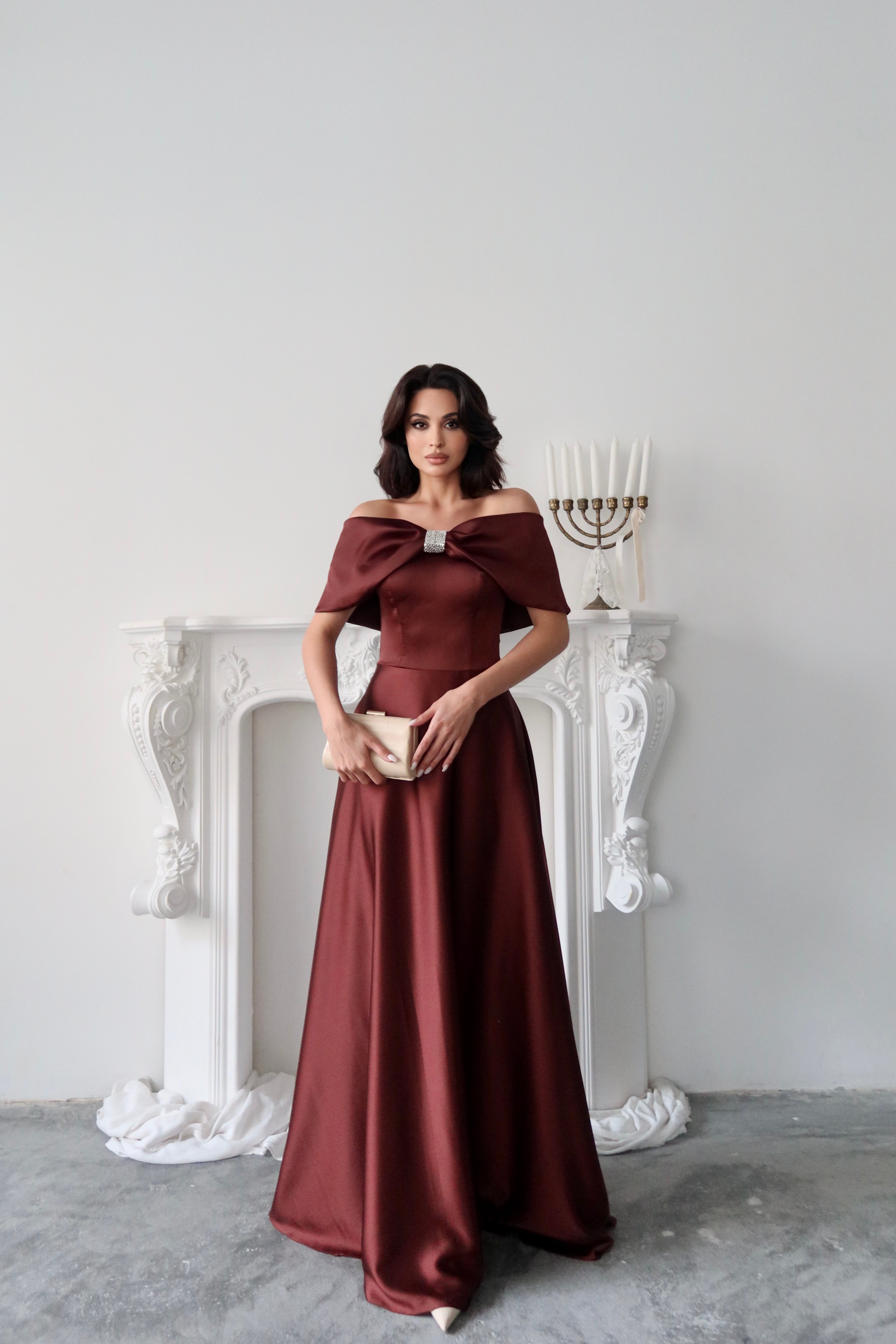 Off-Shoulder Bow Structured Satin Maxi Dress - Deep Brown