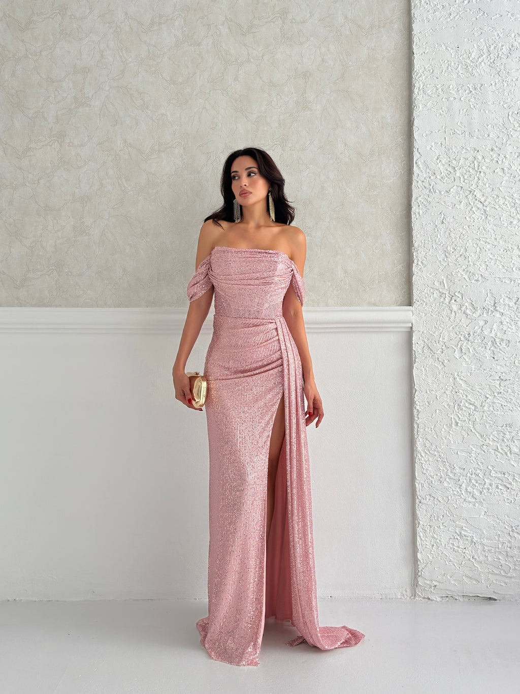 Sequined Off-Shoulder Slit Maxi Dress - Powder