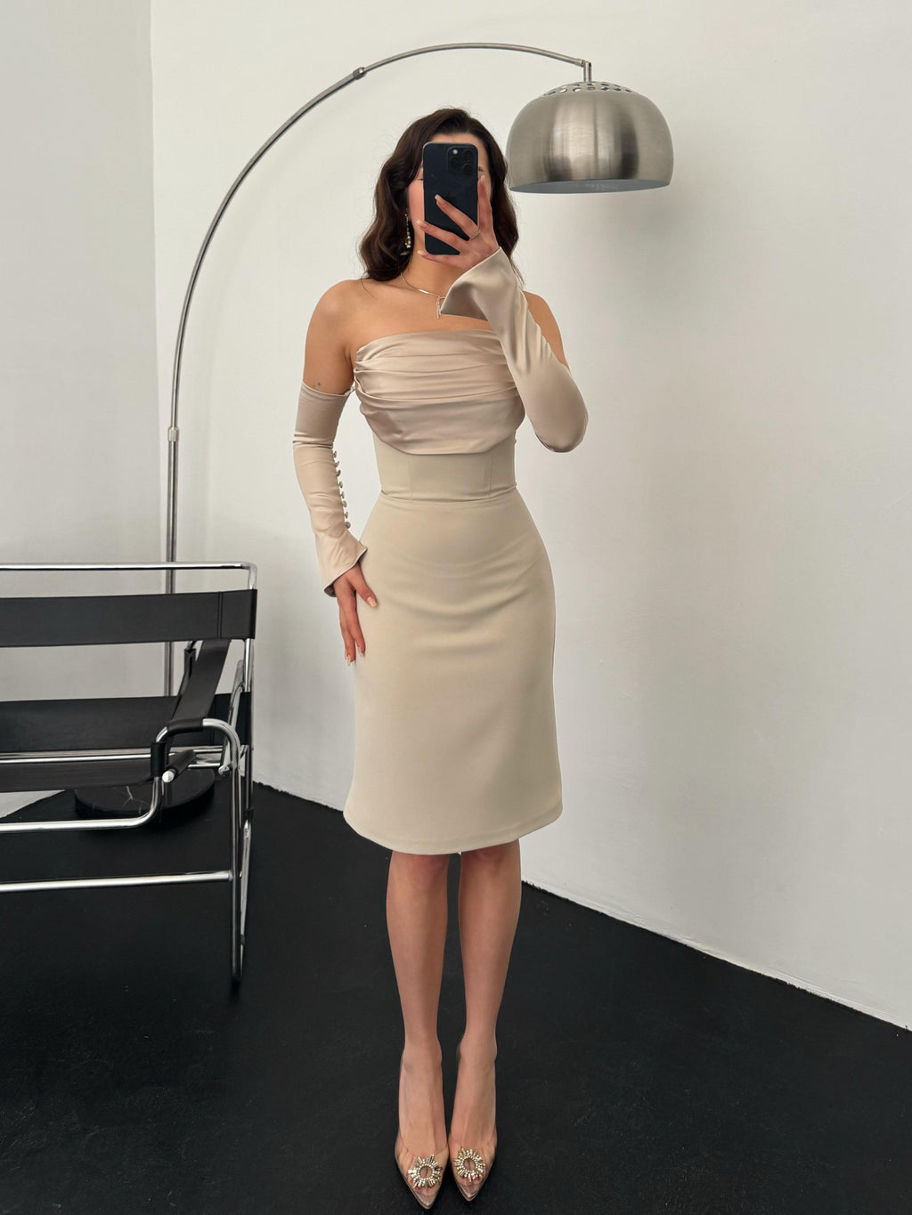 Detachable Sleeve Satin Midi Dress - Stone