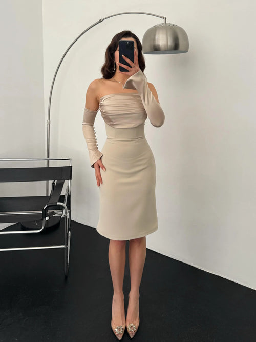 Detachable Sleeve Satin Midi Dress - Stone - Mirelline Store