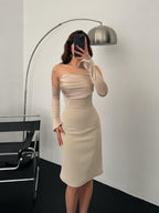 Detachable Sleeve Satin Midi Dress - Stone