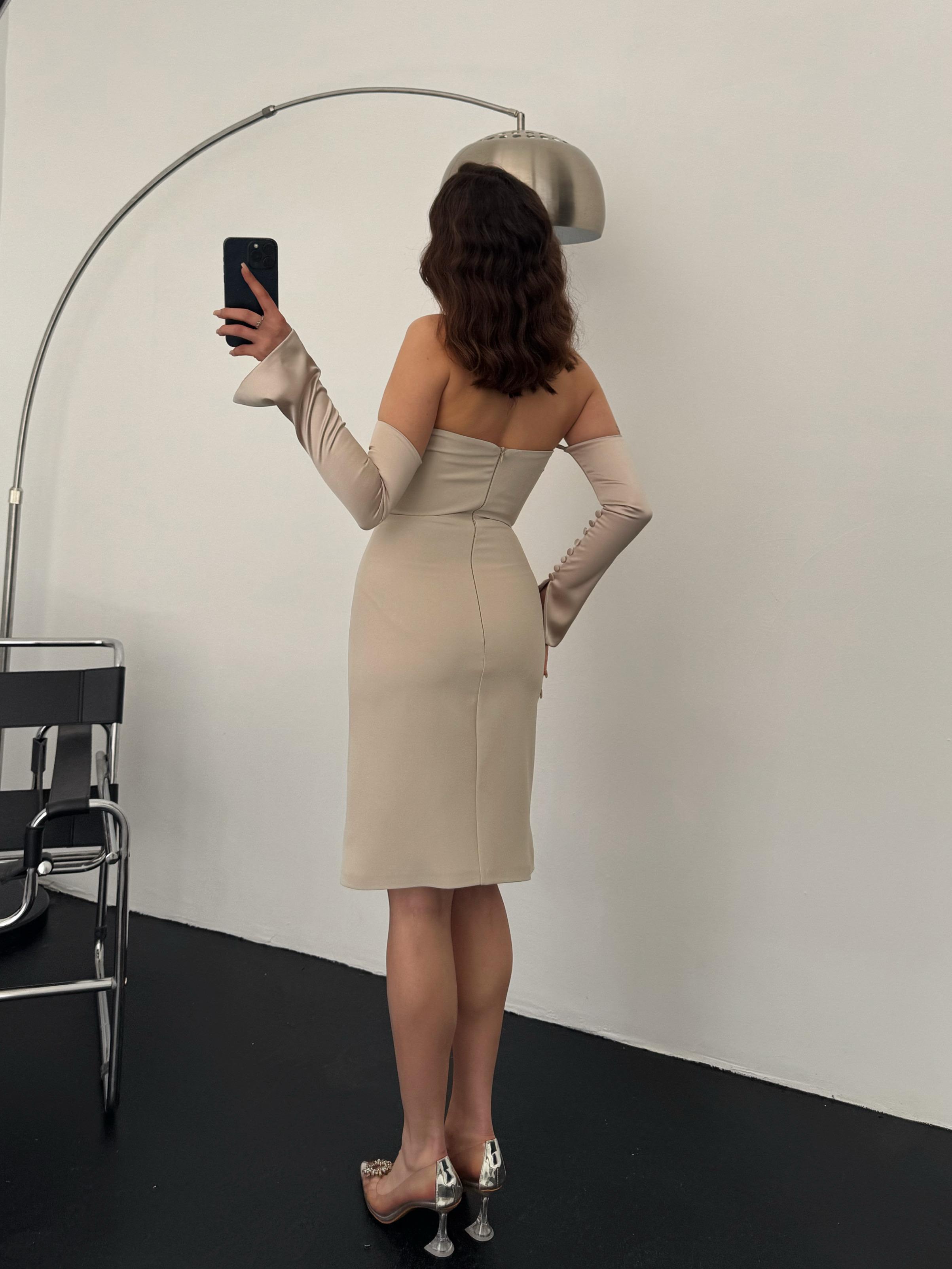 Detachable Sleeve Satin Midi Dress - Stone