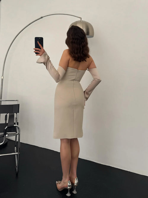 Detachable Sleeve Satin Midi Dress - Stone - Mirelline Store