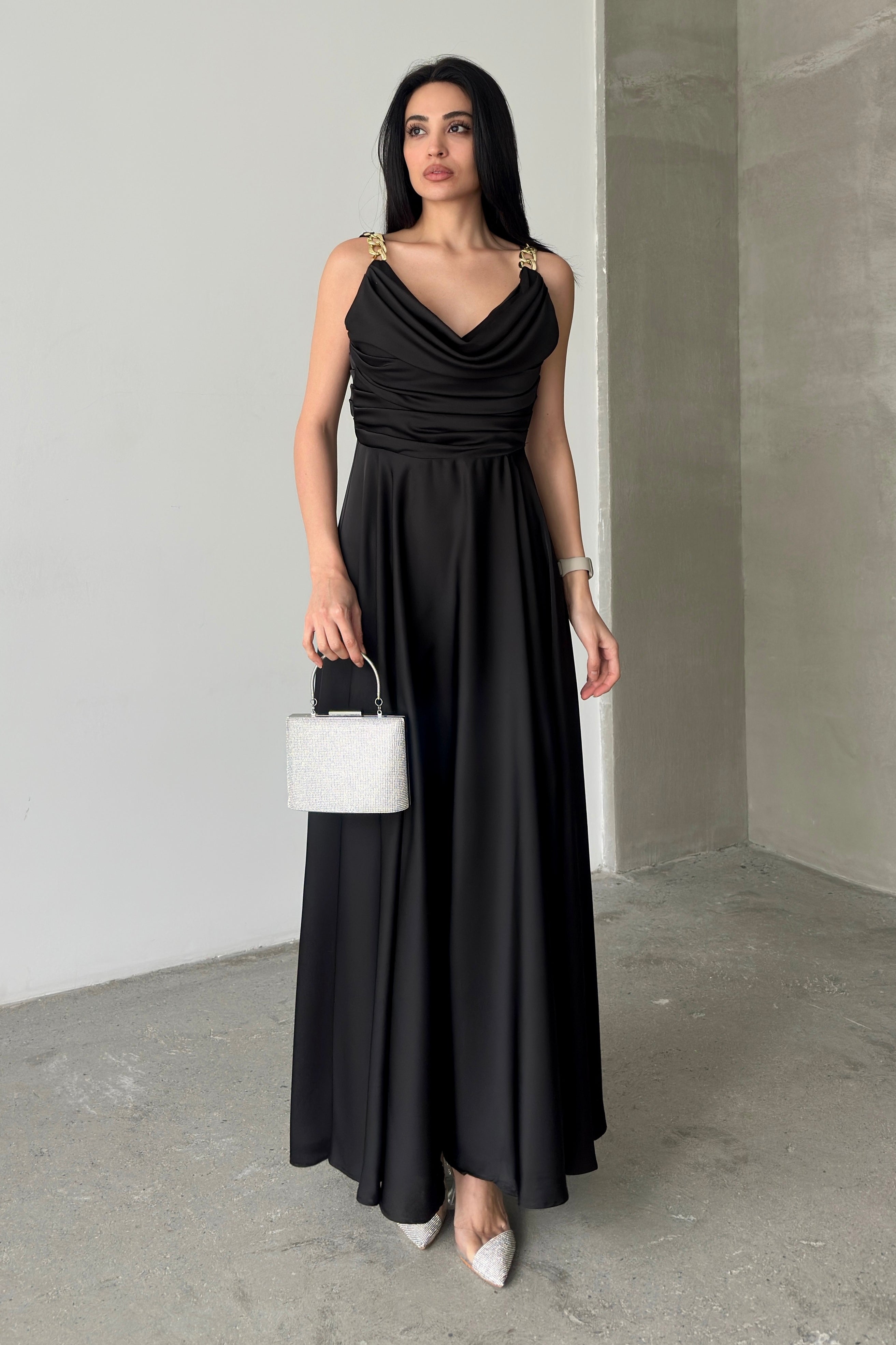 Chain Strap Draped Satin Maxi Dress - Black