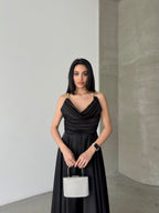 Chain Strap Draped Satin Maxi Dress - Black
