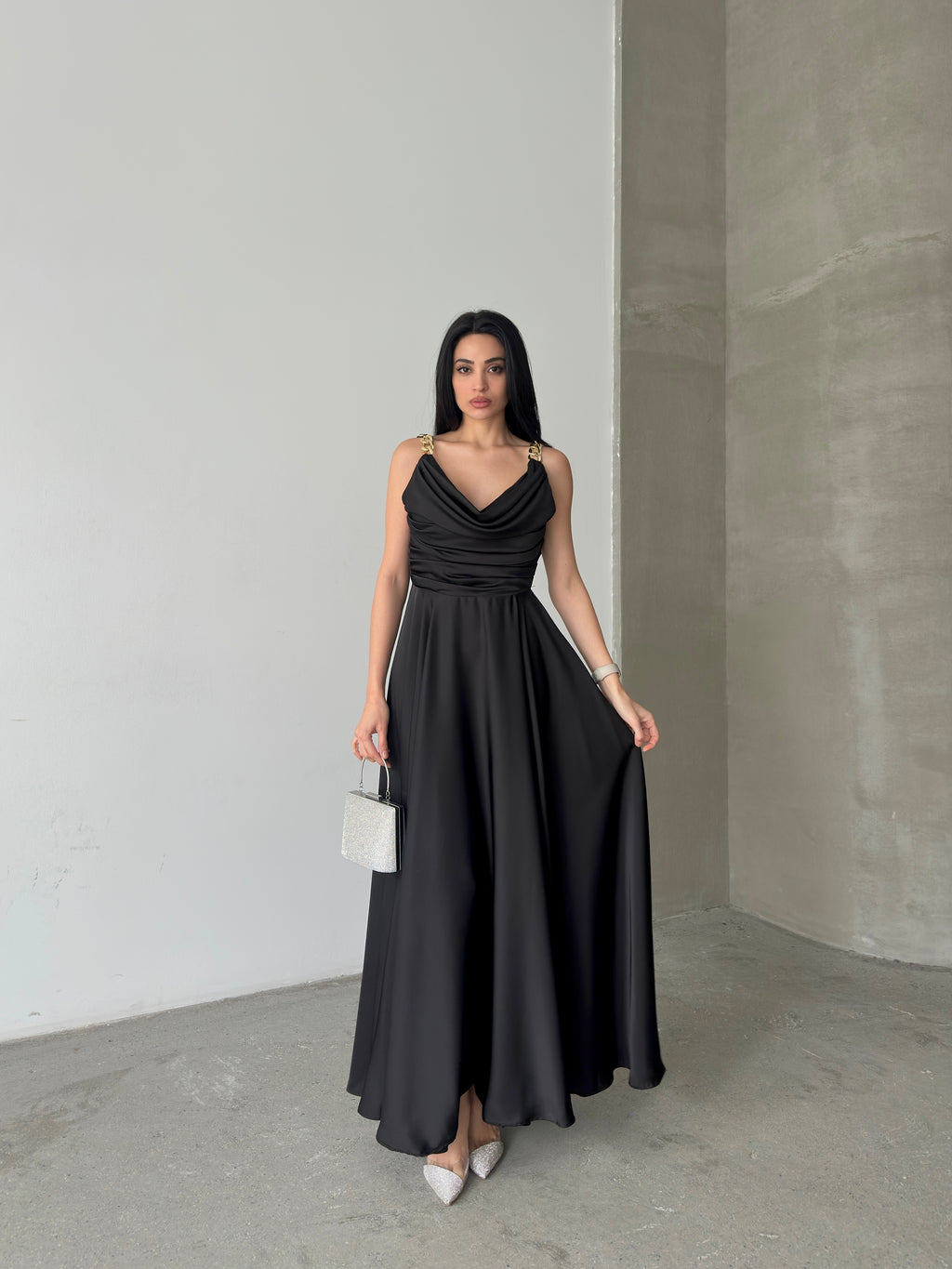 Chain Strap Draped Satin Maxi Dress - Black