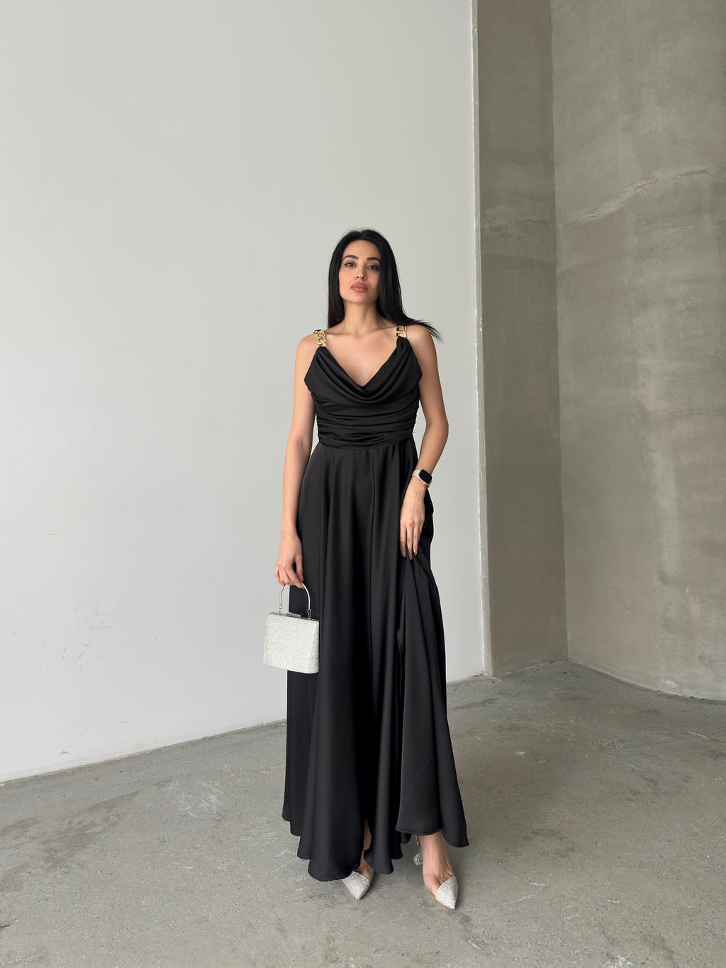 Chain Strap Draped Satin Maxi Dress - Black