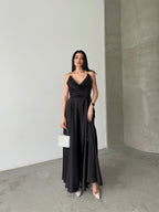 Chain Strap Draped Satin Maxi Dress - Black